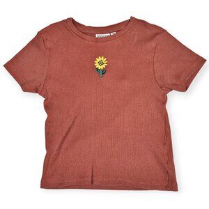 Mighty Fine | Ribbed T-Shirt | Women's | Medium | Terracotta | Sunflower Embroid